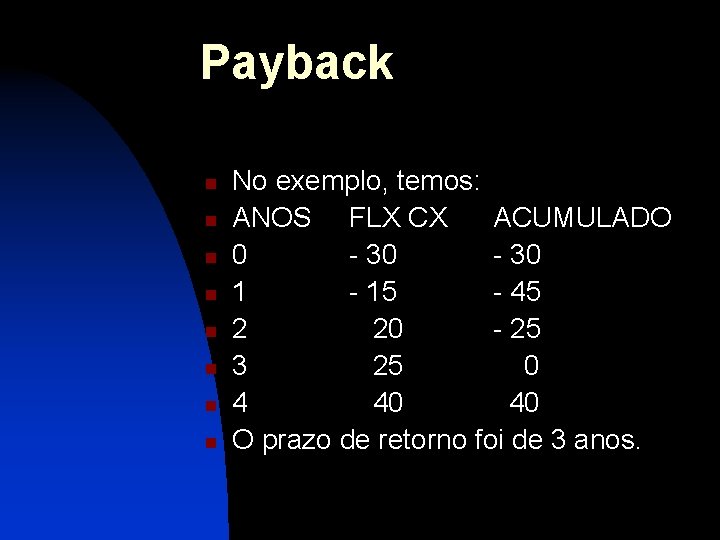 Payback n n n n No exemplo, temos: ANOS FLX CX ACUMULADO 0 -