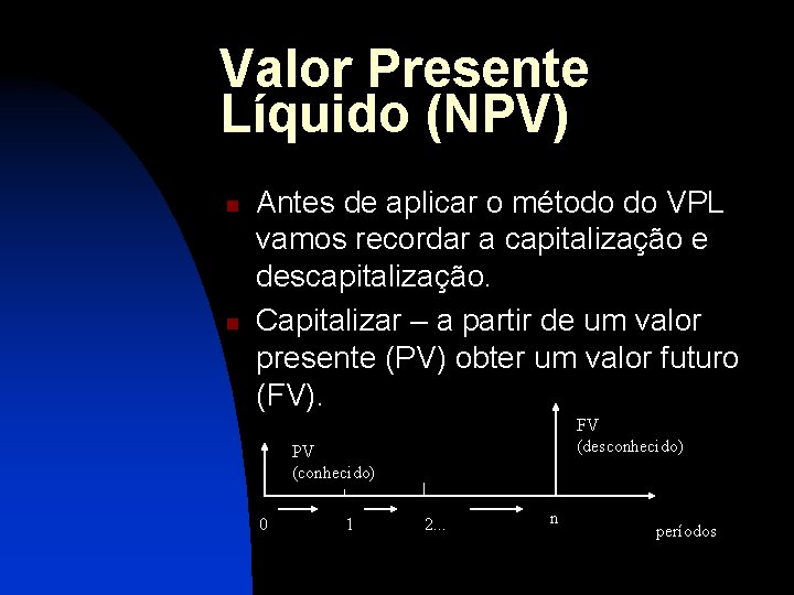 Valor Presente Líquido (NPV) n n Antes de aplicar o método do VPL vamos