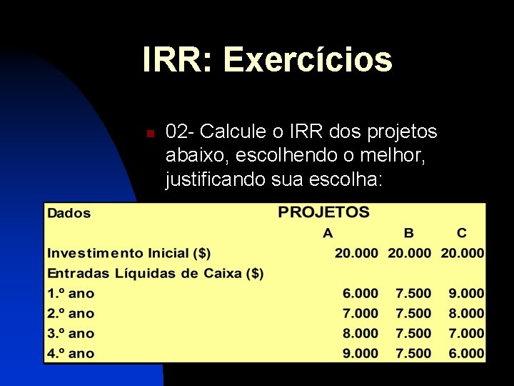 IRR: Exercícios n 02 - Calcule o IRR dos projetos abaixo, escolhendo o melhor,