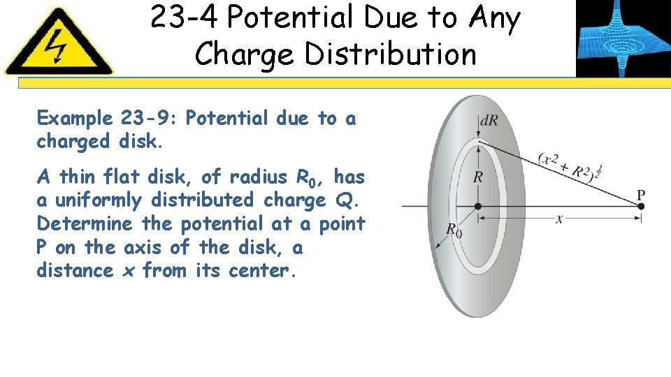 23 -4 Potential Due to Any Charge Distribution Example 23 -9: Potential due to