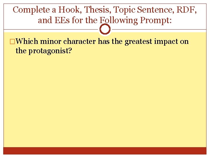 Complete a Hook, Thesis, Topic Sentence, RDF, and EEs for the Following Prompt: �Which
