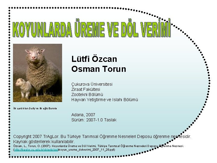 Lütfi Özcan Osman Torun Çukurova Üniversitesi Ziraat Fakültesi Zootekni Bölümü Hayvan Yetiştirme ve Islahı