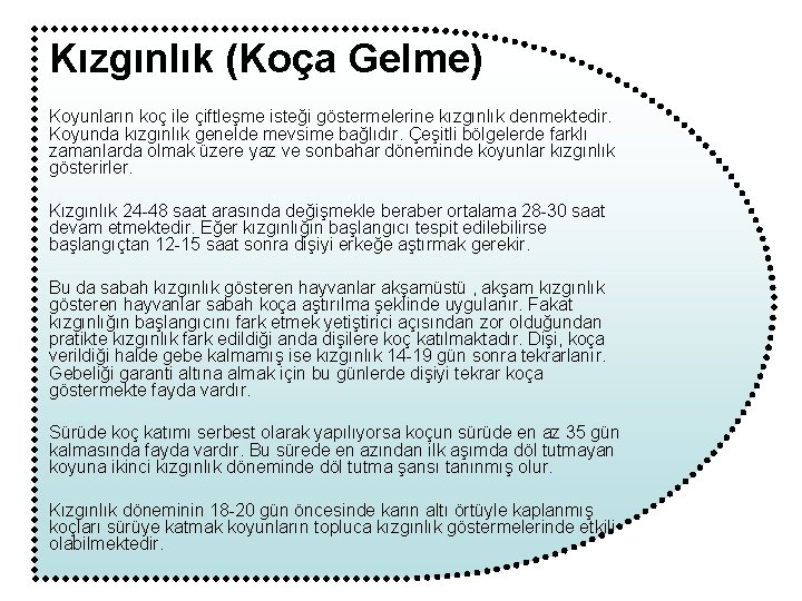 Kızgınlık (Koça Gelme) Koyunların koç ile çiftleşme isteği göstermelerine kızgınlık denmektedir. Koyunda kızgınlık genelde