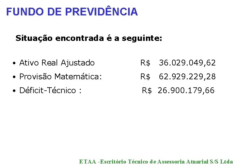 FUNDO DE PREVIDÊNCIA Situação encontrada é a seguinte: • Ativo Real Ajustado R$ 36.