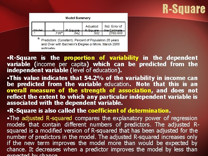 R-Square • R-Square is the proportion of variability in the dependent variable (income per
