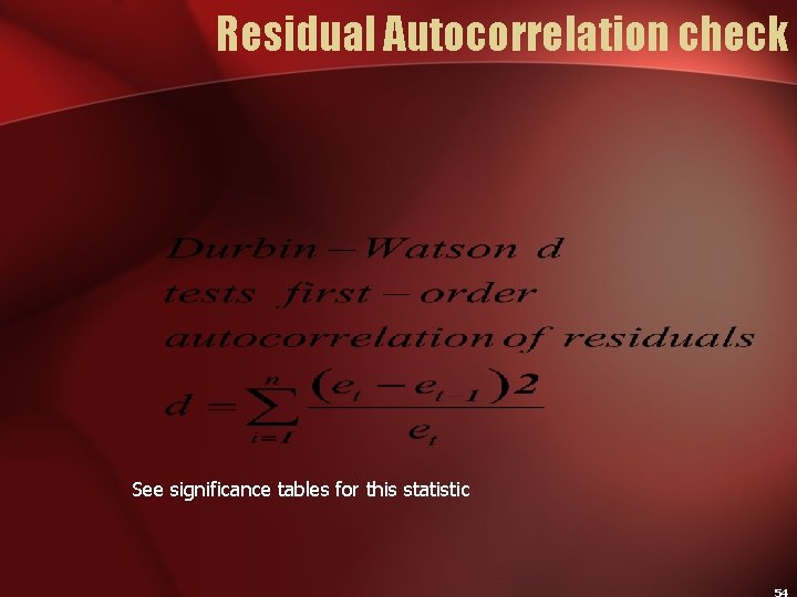 Residual Autocorrelation check See significance tables for this statistic 