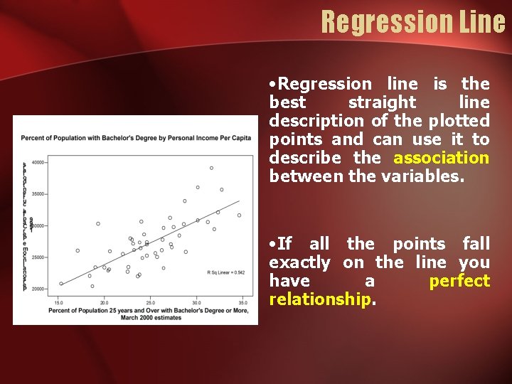 Regression Line • Regression line is the best straight line description of the plotted