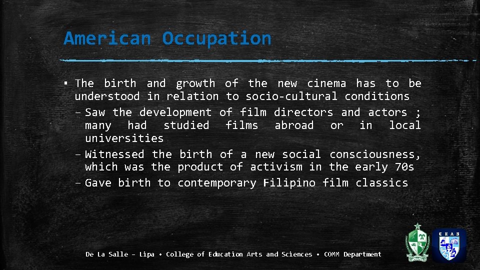 American Occupation ▪ The birth and growth of the new cinema has to be