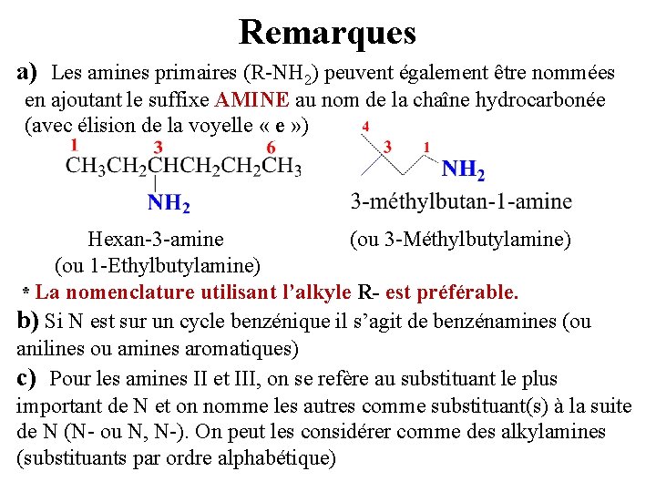 Remarques a) Les amines primaires (R-NH 2) peuvent également être nommées en ajoutant le
