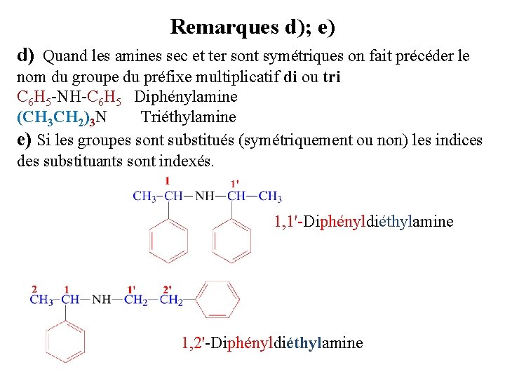 Remarques d); e) d) Quand les amines sec et ter sont symétriques on fait