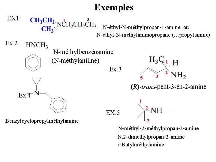 Exemples EX 1: N-éthyl-N-méthylpropan-1 -amine ou N-éthyl-N-méthylaminopropane (…propylamine) Ex. 2 N-méthylbenzénamine (N-méthylaniline) Ex. 3