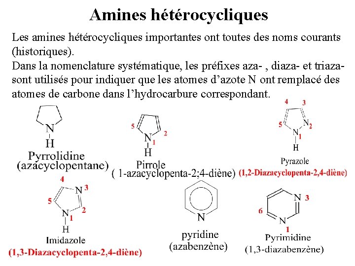 Amines hétérocycliques Les amines hétérocycliques importantes ont toutes des noms courants (historiques). Dans la