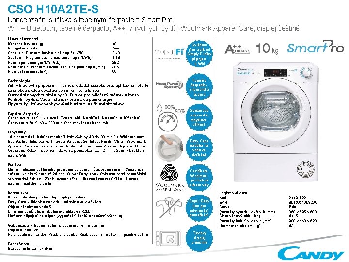 CSO H 10 A 2 TE-S Kondenzační sušička s tepelným čerpadlem Smart Pro Wifi