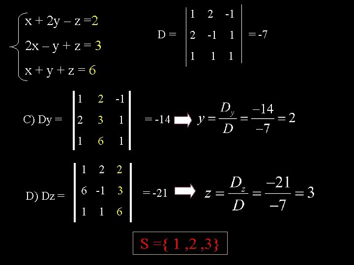 1 2 -1 x + 2 y – z =2 D= 2 x –