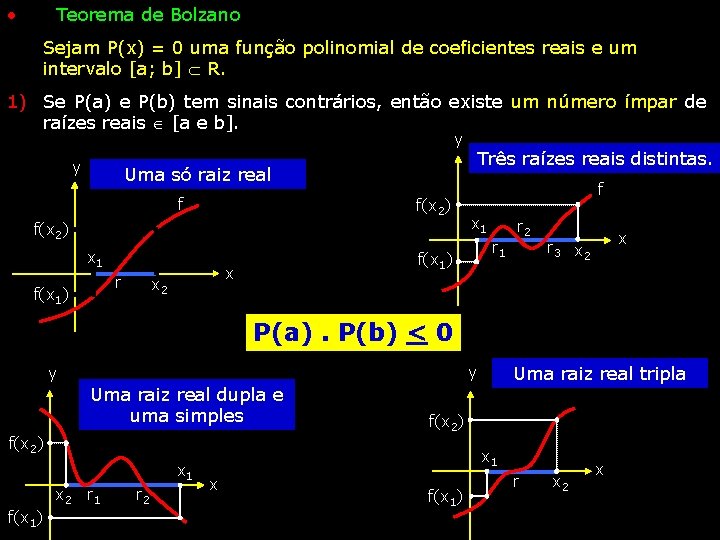  • Teorema de Bolzano Sejam P(x) = 0 uma função polinomial de coeficientes
