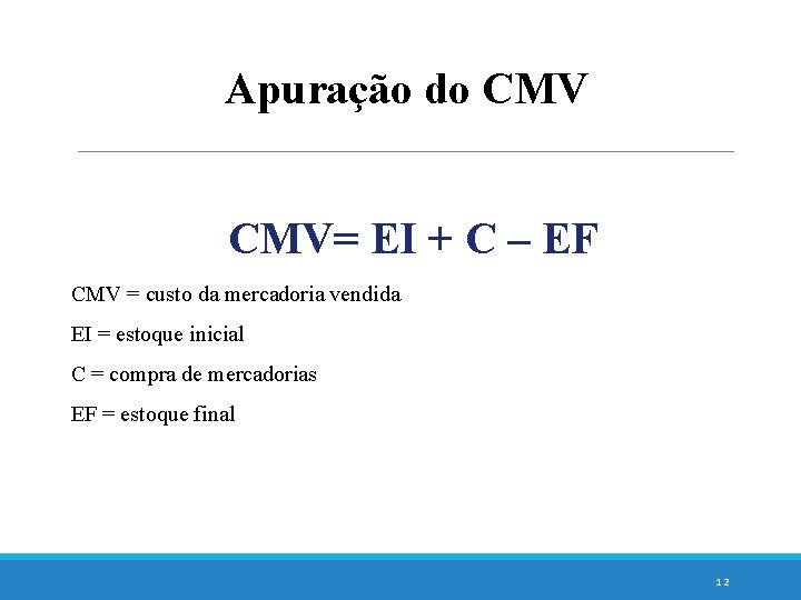 Apuração do CMV= EI + C – EF CMV = custo da mercadoria vendida