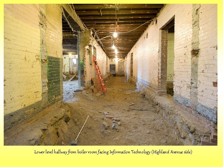 Lower level hallway from boiler room facing Information Technology (Highland Avenue side) 