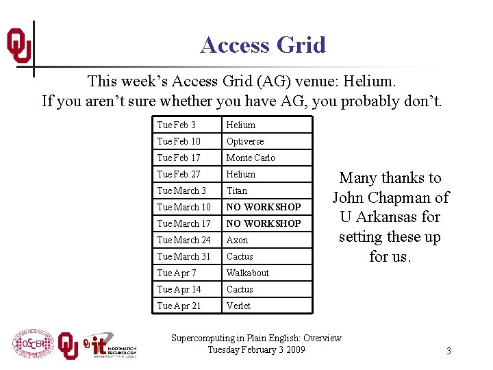 Access Grid This week’s Access Grid (AG) venue: Helium. If you aren’t sure whether