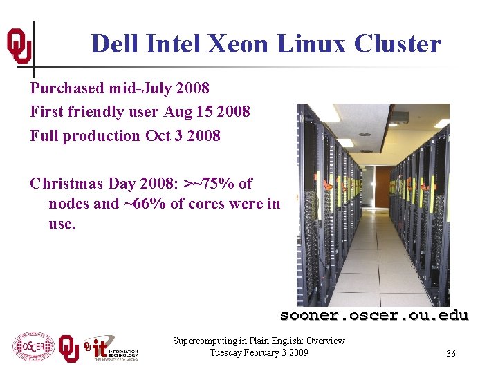 Dell Intel Xeon Linux Cluster Purchased mid-July 2008 First friendly user Aug 15 2008