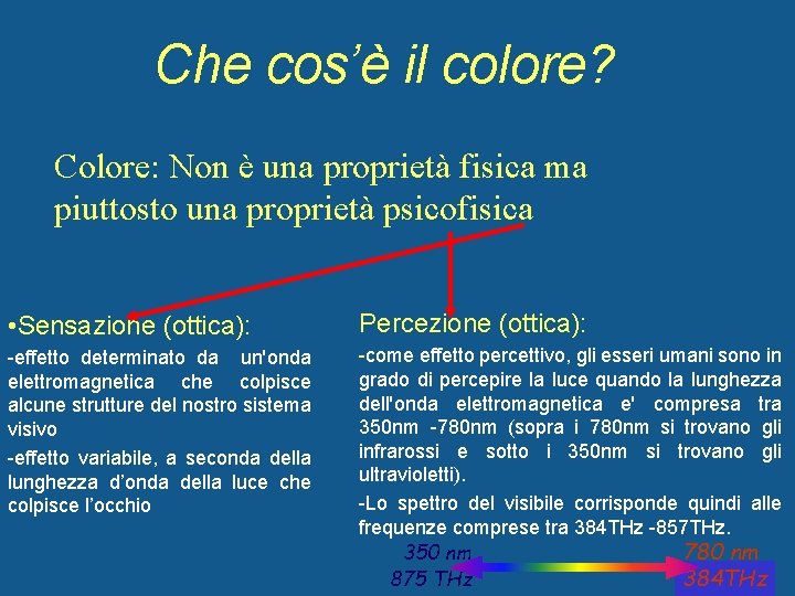 Che cos’è il colore? Colore: Non è una proprietà fisica ma piuttosto una proprietà