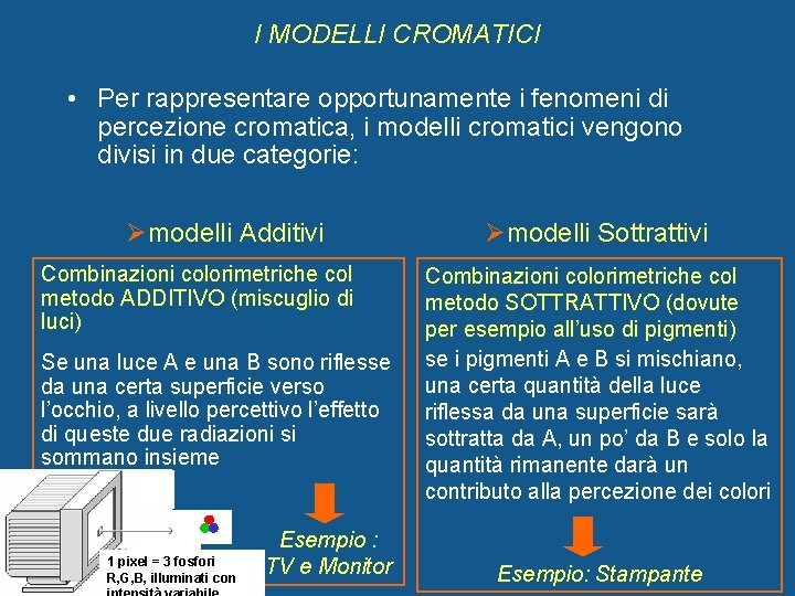 I MODELLI CROMATICI • Per rappresentare opportunamente i fenomeni di percezione cromatica, i modelli