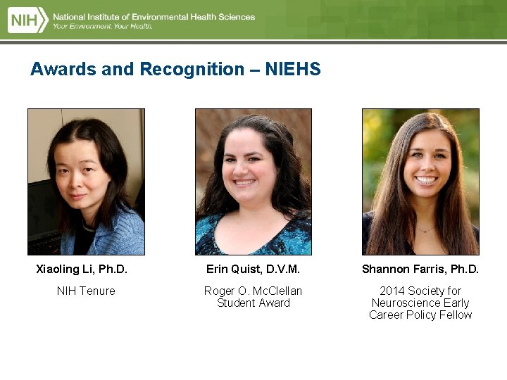 Awards and Recognition – NIEHS Xiaoling Li, Ph. D. NIH Tenure Erin Quist, D. Awards and Recognition – NIEHS Xiaoling Li, Ph. D. NIH Tenure Erin Quist, D.