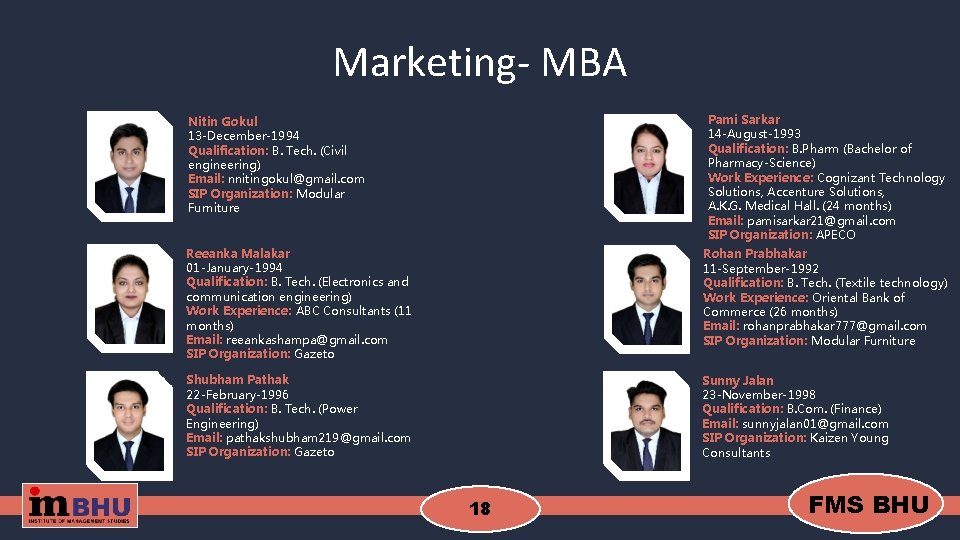 Marketing- MBA Pami Sarkar 14 -August-1993 Qualification: B. Pharm (Bachelor of Pharmacy-Science) Work Experience: