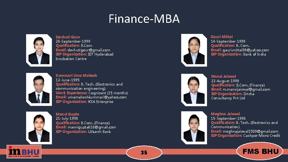 Finance-MBA Devhuti Gour 26 -September-1999 Qualification: B. Com. Email: devhutigour@gmail. com SIP Organization: IIIT