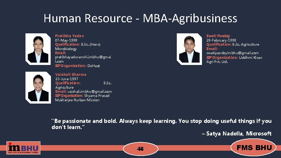 Human Resource - MBA-Agribusiness Pratibha Yadav 07 -May-1998 Qualification: B. Sc. (Hons) Microbiology Email: