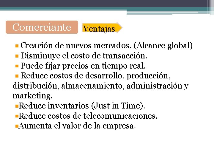 Comerciante Ventajas Creación de nuevos mercados. (Alcance global) Disminuye el costo de transacción. Puede