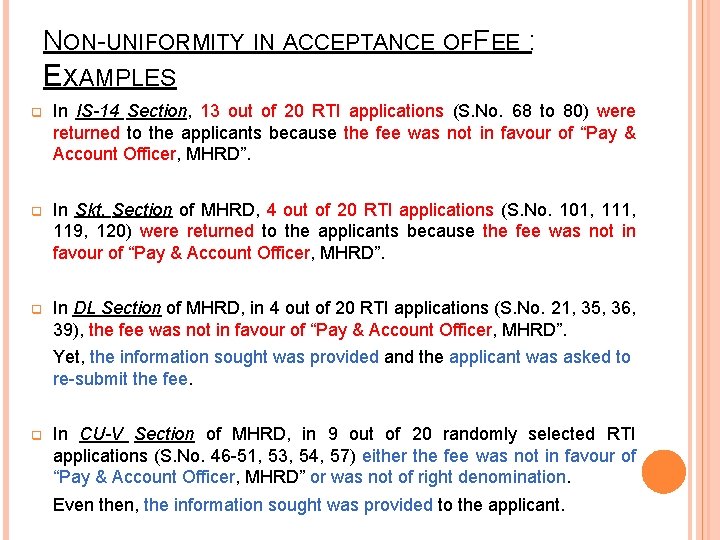 NON-UNIFORMITY IN ACCEPTANCE OFFEE : EXAMPLES q In IS-14 Section, 13 out of 20