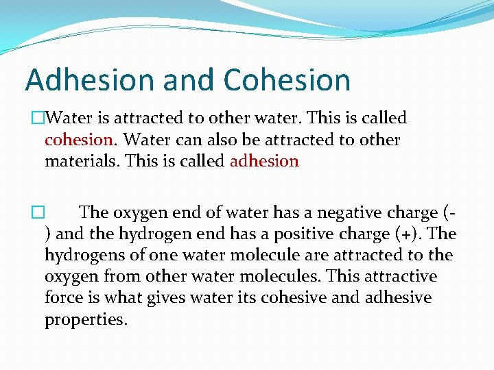 Adhesion and Cohesion �Water is attracted to other water. This is called cohesion. Water