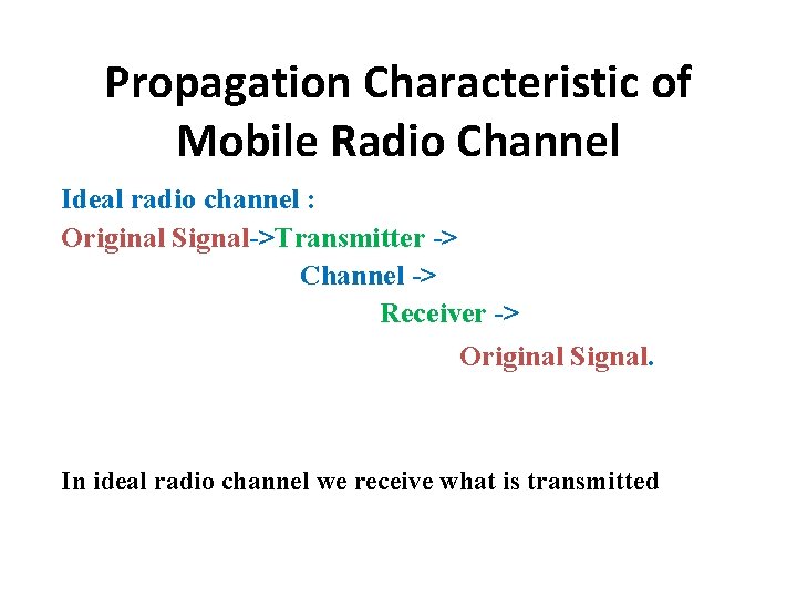Propagation Characteristic of Mobile Radio Channel Ideal radio channel : Original Signal->Transmitter -> Channel