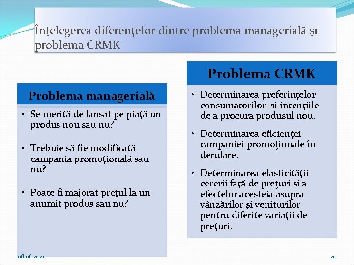 Înţelegerea diferenţelor dintre problema managerială şi problema CRMK Problema managerială • Se merită de