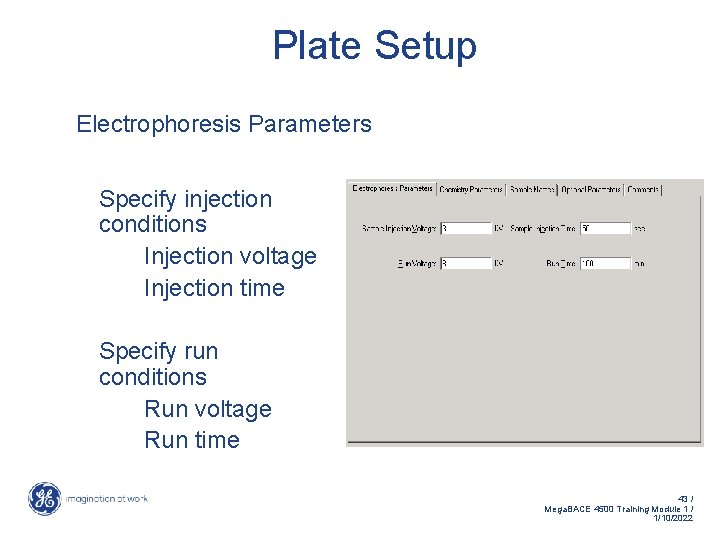 Plate Setup Electrophoresis Parameters Specify injection conditions Injection voltage Injection time Specify run conditions