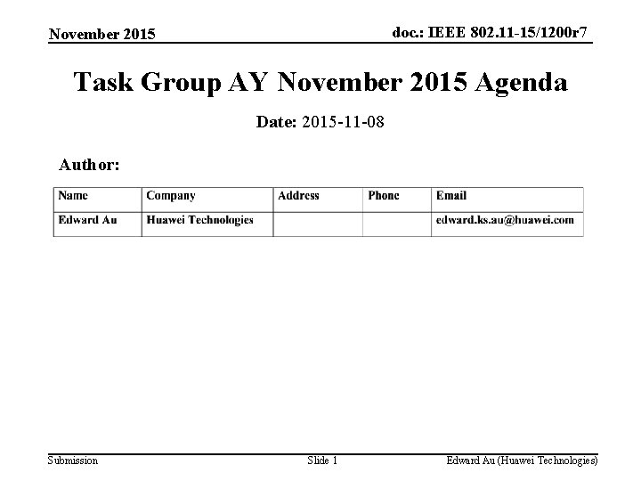 doc. : IEEE 802. 11 -15/1200 r 7 November 2015 Task Group AY November