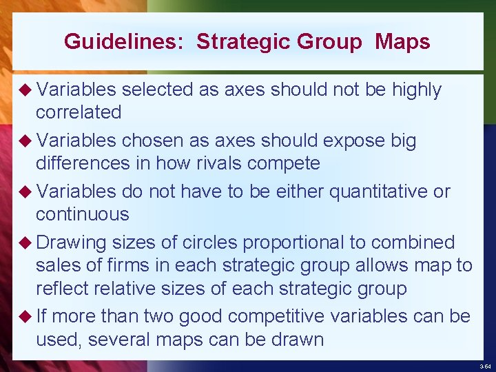 Guidelines: Strategic Group Maps u Variables selected as axes should not be highly correlated