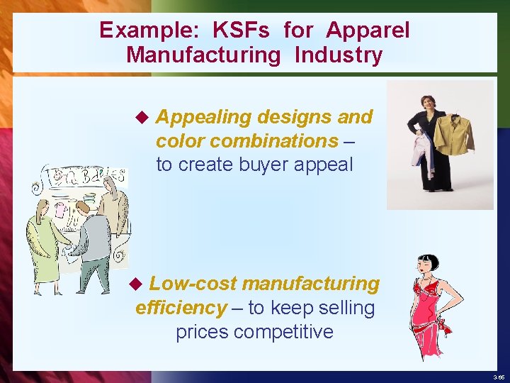 Example: KSFs for Apparel Manufacturing Industry u Appealing designs and color combinations – to