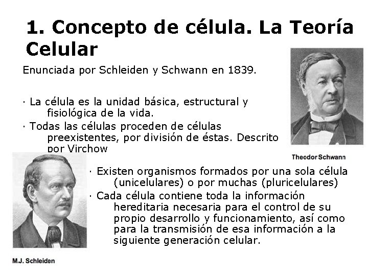1. Concepto de célula. La Teoría Celular Enunciada por Schleiden y Schwann en 1839.