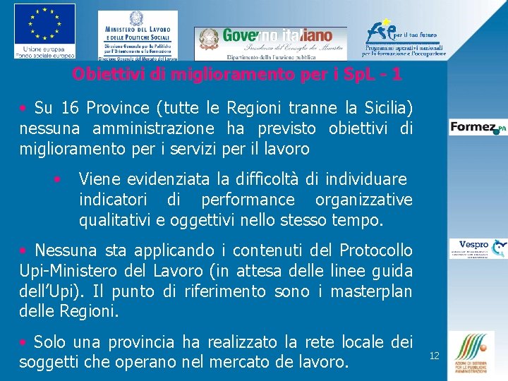 Obiettivi di miglioramento per i Sp. L - 1 • Su 16 Province (tutte