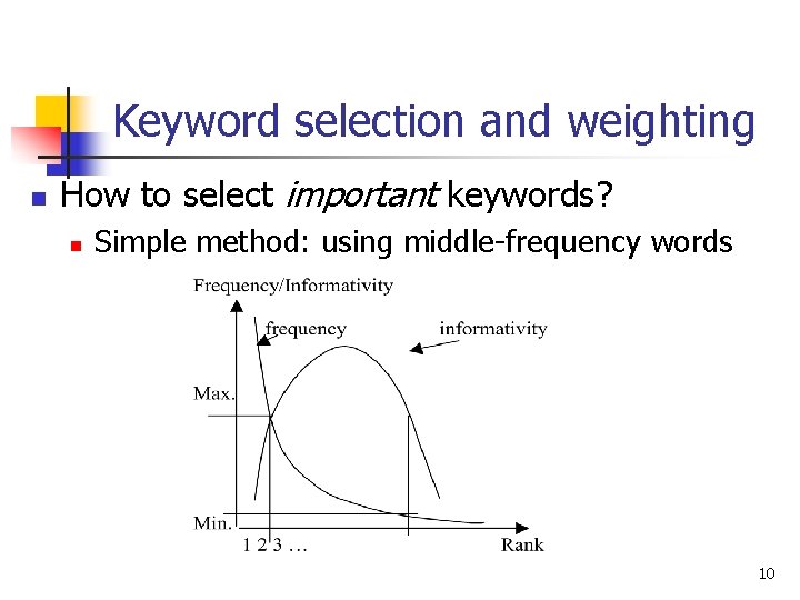 Keyword selection and weighting n How to select important keywords? n Simple method: using