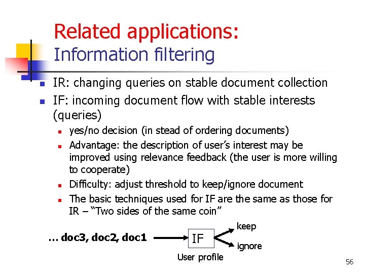 Related applications: Information filtering n n IR: changing queries on stable document collection IF: