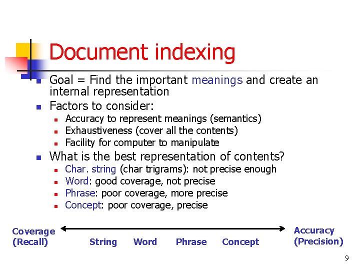 Document indexing n n Goal = Find the important meanings and create an internal