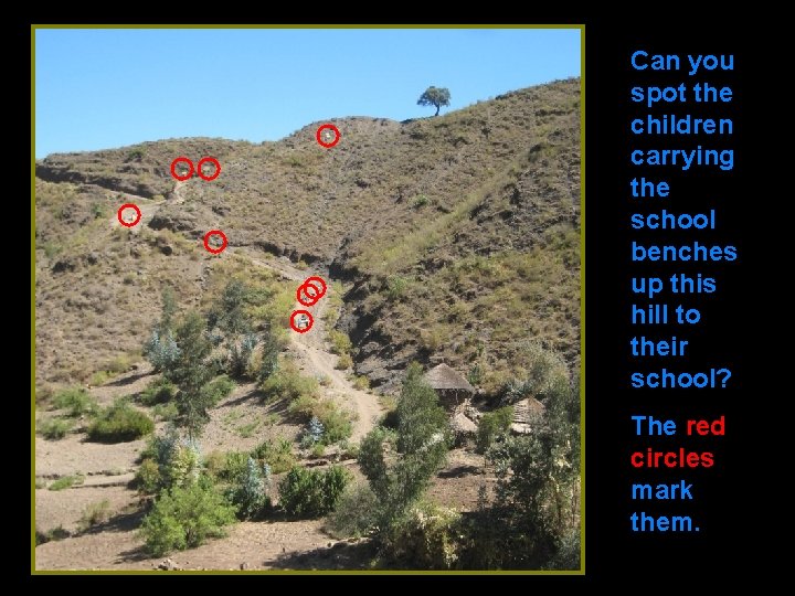 Can you spot the children carrying the school benches up this hill to their