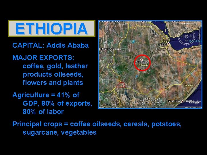 ETHIOPIA CAPITAL: Addis Ababa MAJOR EXPORTS: coffee, gold, leather products oilseeds, flowers and plants