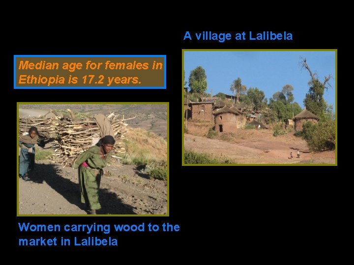 A village at Lalibela Median age for females in Ethiopia is 17. 2 years.