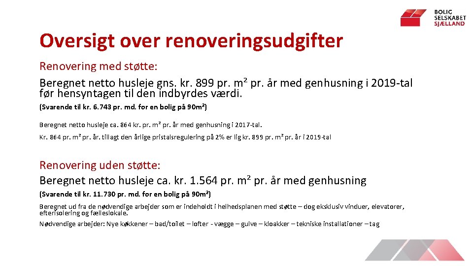 Oversigt over renoveringsudgifter Renovering med støtte: Beregnet netto husleje gns. kr. 899 pr. m²