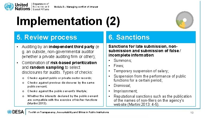 Module 9 – Managing conflict of interest Implementation (2) 5. Review process 6. Sanctions Module 9 – Managing conflict of interest Implementation (2) 5. Review process 6. Sanctions
