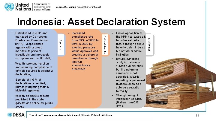 Module 9 – Managing conflict of interest Indonesia: Asset Declaration System • Wealth disclosure Module 9 – Managing conflict of interest Indonesia: Asset Declaration System • Wealth disclosure