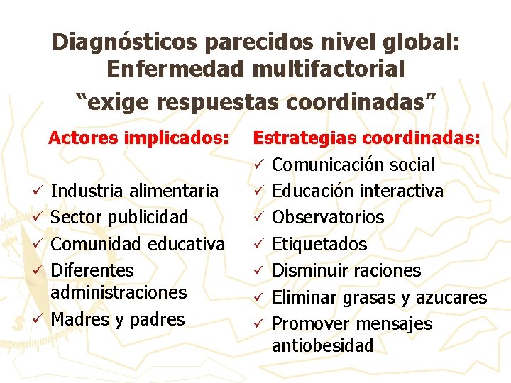 Diagnósticos parecidos nivel global: Enfermedad multifactorial “exige respuestas coordinadas” Actores implicados: ü ü ü